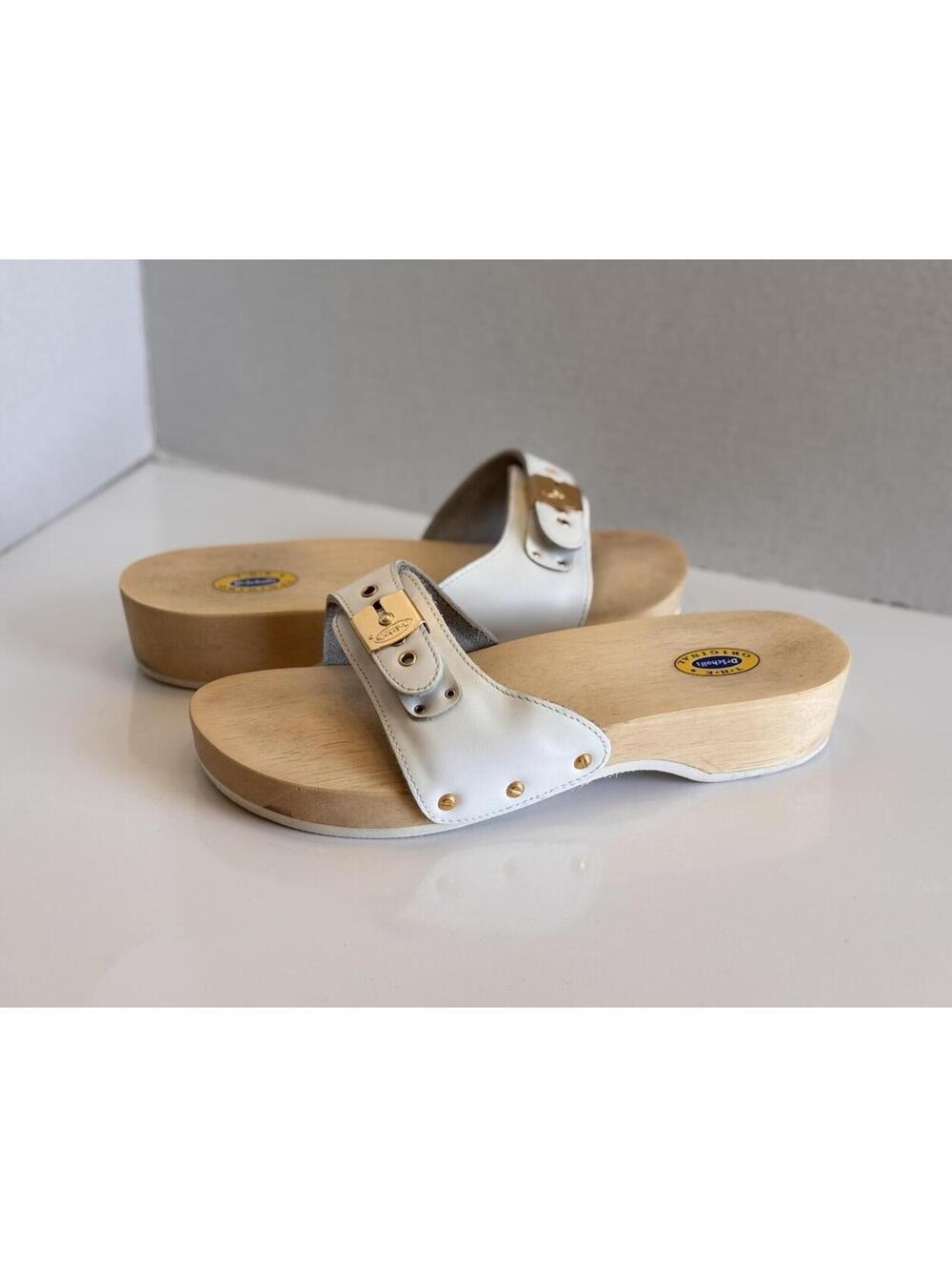 Vintage Dr Scholls Original Sandals Wooden Exercise White Leather Women Size 8M